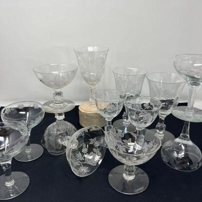 Variety of Etched Glass Stemware