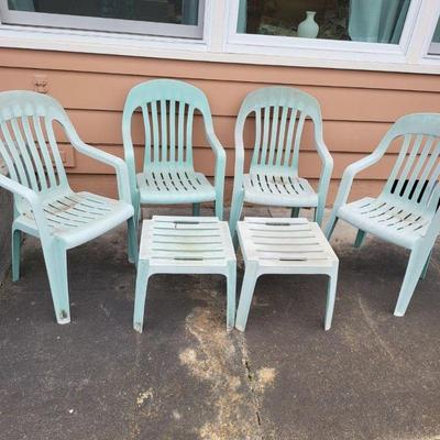 Four Pale Green Stacking Patio Chairs & Two Side Tables