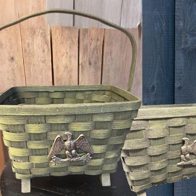 Pair of Vintage Colonial America Green Woven Handled Baskets
