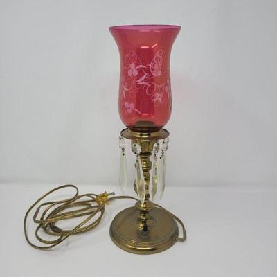 Antique Etched Glass Cranberry Hurricane Crystals Lamp - Works