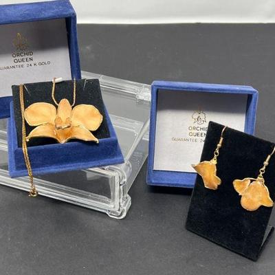 24k Gold Orchid Queen Necklace & Earrings