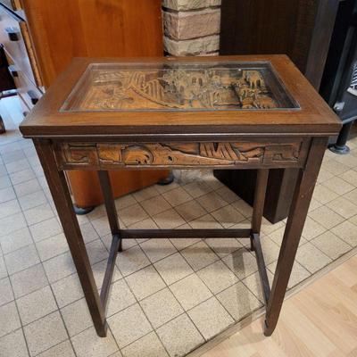 Glass Top Asian Carved Wood Table