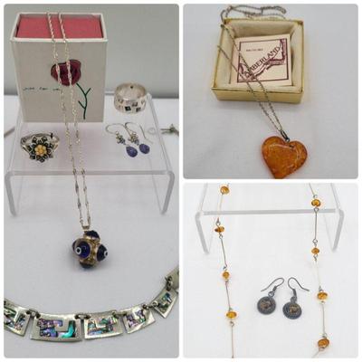 Silver Jewelry Baltic Amber, Art Glass, Abalone