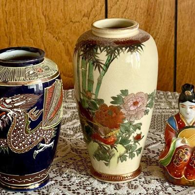 (2) Vintage Satsuma Japanese Vases - (1) Moriage (as Is) & A Porcelain Kutani Seven Gods Of Luck Goddess