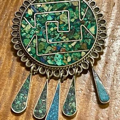 Vintage Taxco Mexico Sterling Silver Crushed Inlay Stone Pin Pendant  Weight 13.45 Grams