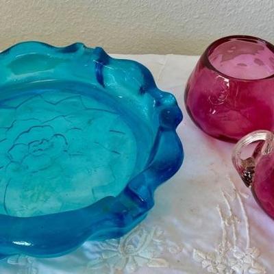 Fenton Cranberry Creamer and Sugar - Rose Blue Ary Glass Ashtray