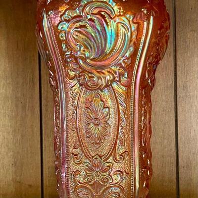 Imperial Carnival Glass 10.5 Inch Marigold Scroll & Embossed Shell Floral Footed Vase 