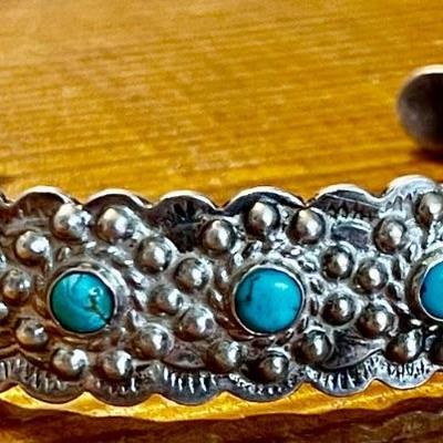 Fred Harvey Era Coin Silver & Turquoise Cuff Bracelet - Total Weight 17.27 Grams 