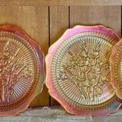 6  Jeannette Carnival Glass - Iris & Herringbone Marigold 9.5" Dinner Plates 