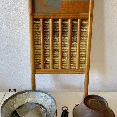 Antique Bear On Easy Silver Wash Board Antique Scale & Aluminum Pan And Scoop