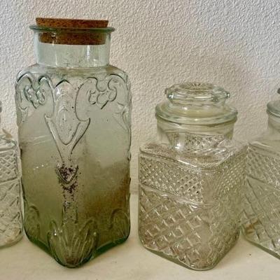 (3) Anchor Hocking Wexford Glass Canisters & (1) Glass Coffee Canister With Cork Lid 