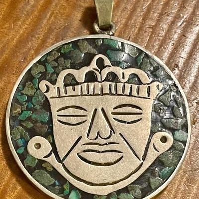 Vintage Sterling Silver Aztec Sun God & Sun Disk Medallion Pendant 48.15 Grams