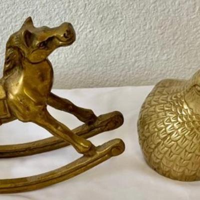 Vintage Solid Brass Rocking Horse And Pair Of Mid Century Brass Quails
