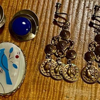Vintage Blue Lapis Sterling Silver Earrings (as Is) MOP Bird - Coin Drop Earrings