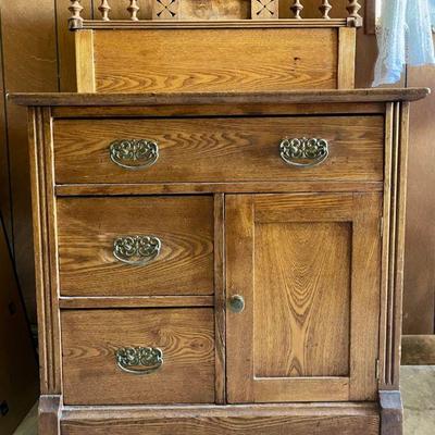 Antique Victorian Eastlake Oak Commode Side Table On Casters 
