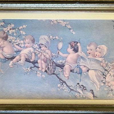 Rare Antique 1910 Lithograph Print Joy Buds Babies Charles Twelvetrees In Original Frame 