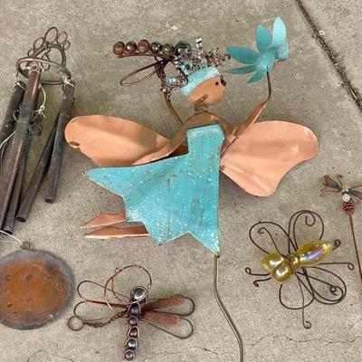 Yard Art - Metal Fairy & Dragon Fly With Stake - Solid Copper Hand Made Wind Chime - Metal Butterflies