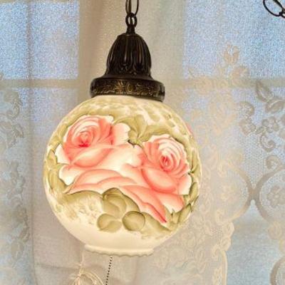 Vintage Hand Painted Ball Shade Hanging Swag Lamp With Chain Works 