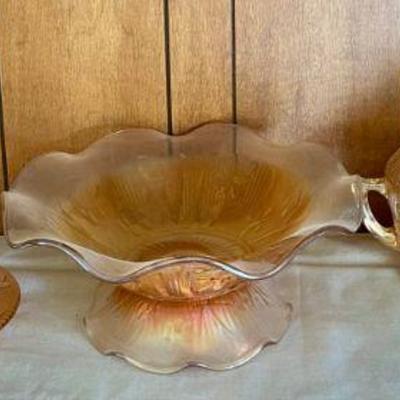 Vintage Jeannette Marigold Iris & Herringbone Carnival Glass - Footed Bowl - 2 Covered Butters, Cream & Sugar 