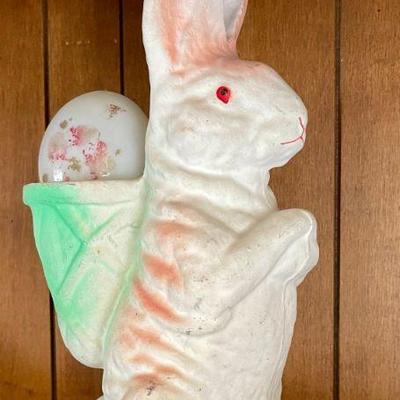 Antique  Paper Machete 11 Inch Bunny With Victorian Hand Painted Milk Glass Easter Egg 