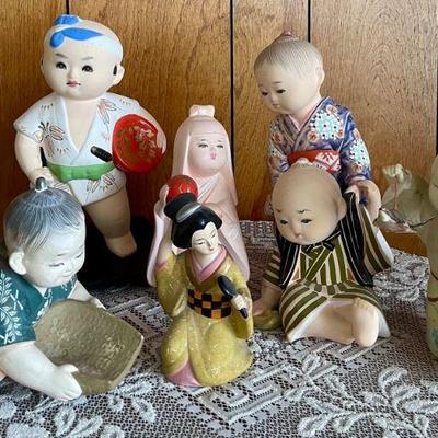 Vintage Japanese Hand Painted Chalkware Dolls - Hakata Hand Painted Boy & Girl Dolls 