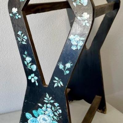 Vintage Wood Quilt Rack Painted Black With Blue Flowers 