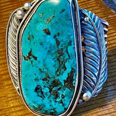 Stunning Navajo Huge Turquoise Large 3 Inch X 1.75 Inch Stone Sterling Silver Feather Bracelet - 139.75 Grams