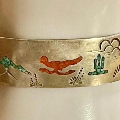 Vintage South Western Silver Tone Turquoise And Coral Inlay Cuff Bracelet 
