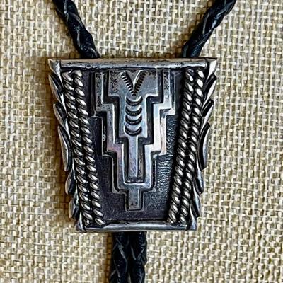 Vintage Thomas Charley Navajo Sterling Silver Bolo Tie With Black Braided Leather Cord And Sterling Tips 