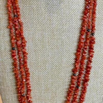 Gorgeous Navajo Triple Strand Hand Strung 32 Inch Coral And Sterling Silver Necklace 