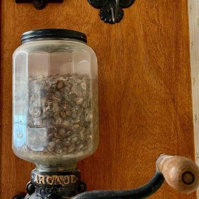 Antique  Arcade Crystal Cast Iron Wall Mount Coffee Gringer - Match Holder & Hook 