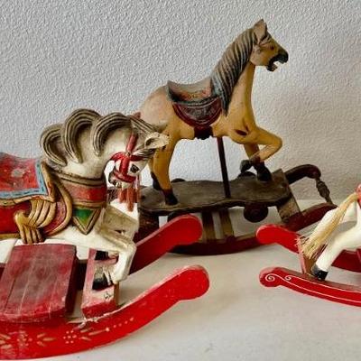 3 Folk Art Wood Painting Rocking Horses (1) Musical (as Is)