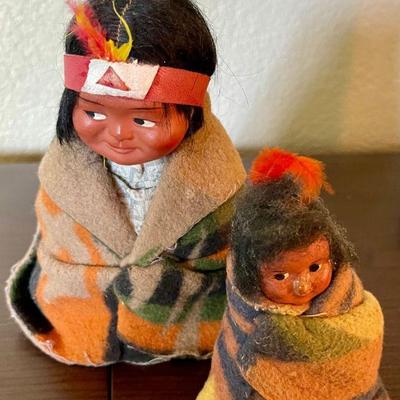 1930's Pair Of Skookum Bully Good Indian 12 Inch Male, 10 Inch Female & Papoose Baby Dolls Side Eye Dolls