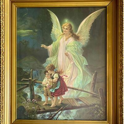Antique Gold Guilt Framed Guardian Angel Protecting Children On Bridge Lithograph Print 20 X 24 