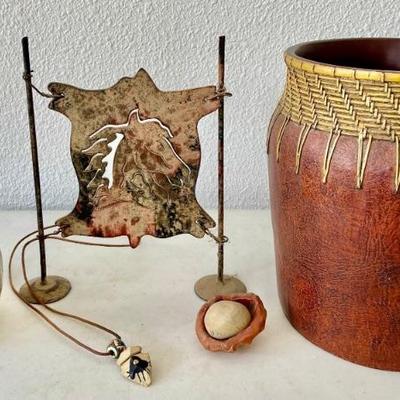 Flokati Wastebasket, Metal Horse Figurine, Studio Pottery & Southwestern Stone Necklace On Leather Strap