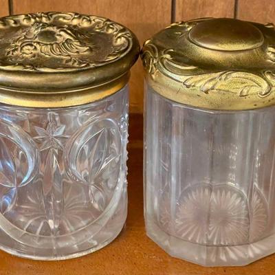 2 Antique Art Nouveau Glass & Repousse Lidded Tobacco Humidor Jars  