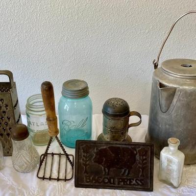 Antique Kitchen Ware Bacon Press - Blue Ball Jar - Shaker - Old Coffee Pot (as Is) Masher 
