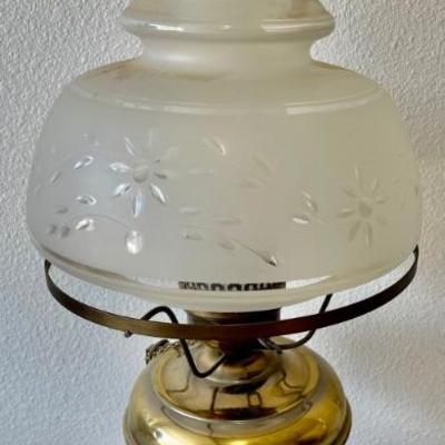 Vintage Brass Lamp With Etched Glass Shade 