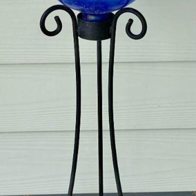 Yard Art Vintage Wrought Iron Stand With Large Blue Glass Ball 