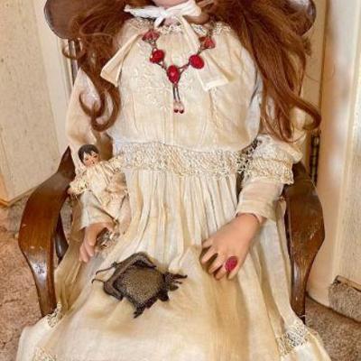 36" Antique Porcelain B. J. & Co My Sweetheart Doll With Mesh Purse - Jewelry Antique Dress & Wood Rocker 