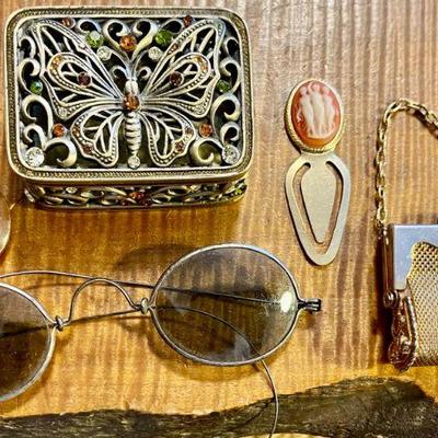 Antique Tinted Wire Rim Glasses - Miniature Metal Tone Purse - Butterfly Trinket Box - Antique Button - Cameo