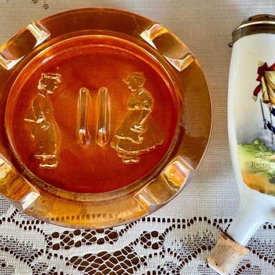 Antique Germany Porcelain Pipe With Civil War Scene & Carnival Glass Ashtray Dutch Boy & Girl 