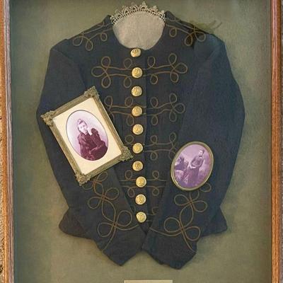 Oak Shadowbox With Victorian Ladies Jacket, Brass Framed Photographs 1876 - 1945 