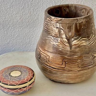 Vintage Nemadji Style Pottery Pot & Small American Horse South Dakota Covered Pottery Dish 