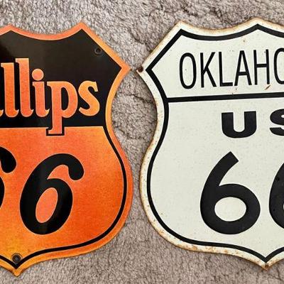 (2) Vintage 60's Enamel Phillips 66 Metal Sign & Oklahoma U S 66 Enamel & Metal Sign 