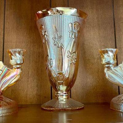 Vintage Jeannette Marigold Iris & Herringbone Carnival Glass Vase And Double Candle Holders 