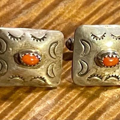 Vintage Native American Sterling Silver & Coral Stamped Cuff Links - Total Weight 9.53 Grams 