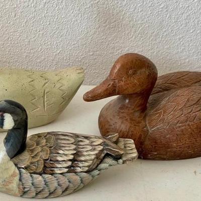 (3) Vintage Wood And Resin Ducks Folk Art