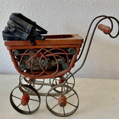 Vintage Wood And Metal Toy Baby Carriage