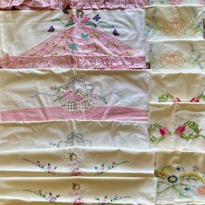 7 Pairs Of Vintage Hand Embroidered Pillow Cases - Southern Belle & Floral Embroidery 